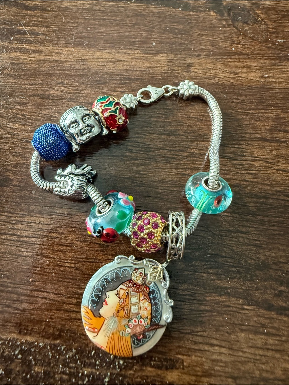 Sterling Silver Charm Bracelet with Multicolor Beads Decorative Pendant